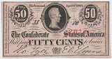 A T-63 Fifty Cents PF-03 obsolete bill issued by the Southern Central Government during the Civil War in 1863 for sale by Brandywine General Store in AU condition