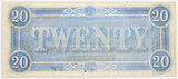 A T-67 obsolete twenty dollar treasury bill issued by the Southern Central Government in 1864 during the civil war for sale by Brandywine General Store reverse of note