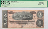 A T-68 obsolete ten dollar treasury bill issued by the Southern Central Government in 1864 during the civil war for sale by Brandywine General Store graded by PCGS at 63 PPQ