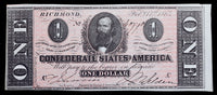 A T-71 One Dollar Clement C. Clay obsolete bill issued by the Central Government during the Civil War in 1864 for sale by Brandywine General Store AU with nice tint and dark printing