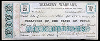 An obsolete Texas five dollars civil war Treasury Warrant for civil service issued from Austin on January 13, 1865 to Liberty County for sale by Brandywine General Store extra fine