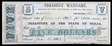An obsolete Texas five dollars civil war Treasury Warrant for civil service issued from Austin on January 13, 1865 to Liberty County for sale by Brandywine General Store extra fine