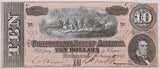 A T-68 obsolete ten dollar treasury bill issued by the Southern Central Government in 1864 during the civil war for sale by Brandywine General Store in AU condition wtih spot in signature