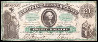 A twenty dollar obsolete civil war treasury note from the commonwealth of Virginia issued August 1, 1861 from the scarcer 1st issue of War currency from VA for sale by Brandywine General Store in fine condition