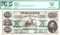 A ten dollar obsolete Virginia treasury note issued October 15, 1862 from the second issue of Bills issued by VA during the Civil War for sale by Brandywine General Store graded by PMG at AU 53