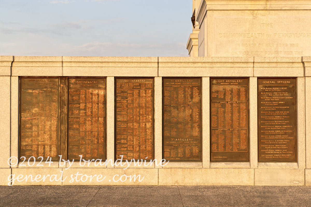Pennsylvania monument copper plaques on front left side in Gettysburg National Military Park