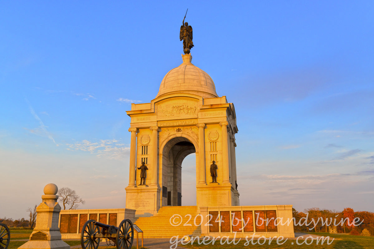 art print of PA monument front from the right at sunset in Gettysburg National park