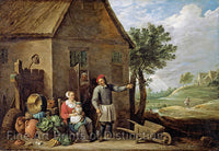 An archival premium Quality Art Print of a Peasant Man, Woman and Child in front of Farmhouse that was painted by David Teniers the Younger