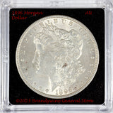 An 1896 Morgan Silver Dollar in almost uncirculated condition with a dark toning spot starting on Liberty