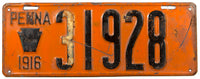 An Antique 1916 Pennsylvania passenger car license plate for sale at Brandywine General Store in very good minus condition
