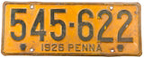 An antique single 1926 Pennsylvania passenger car license plate for sale at Brandywine General Store in very good minus condition