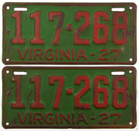 An antique pair of 1927 Virginia car license plates in very good minus condition with extra small nail holes