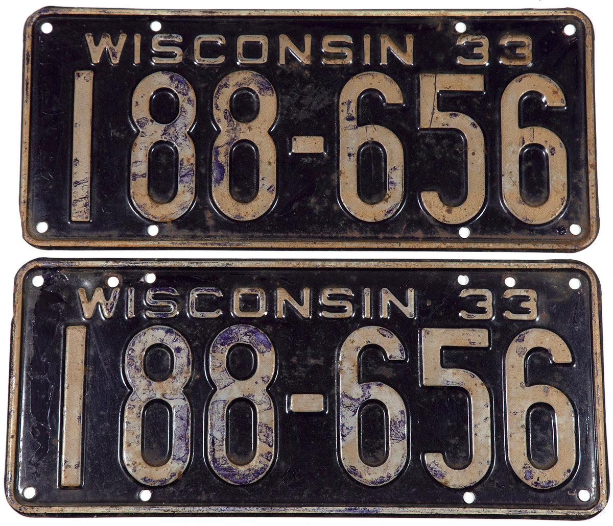 1933 Wisconsin car license plates in very good condition with 2 extra holes