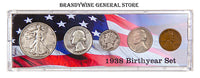 A 1938 Birth Year coin set which includes the silver Walking Liberty Half Dollar, Washington Quarter, Mercury Dime, Jefferson Nickel and Wheat Penny for sale by Brandywine General Store