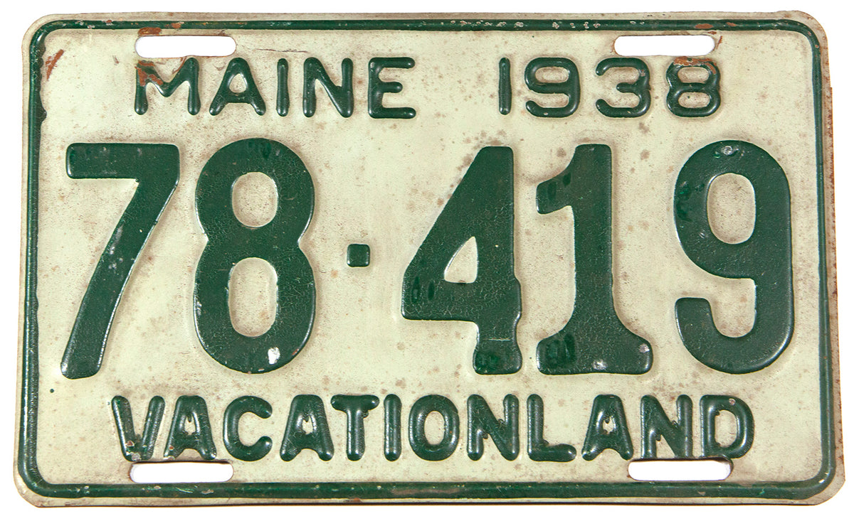 An antique 1938 Maine car license plate in very good condition