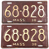 1938 Massachusetts car license plates in very good minus condition with 1 extra hole