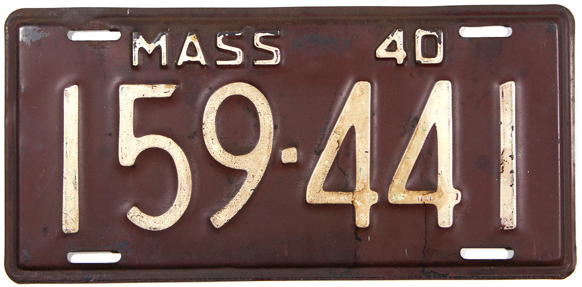 An antique 1940 Massachusetts car license plate in very good minus condition
