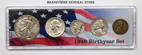 A 1940 Birth Year coin set which includes the silver Walking Liberty Half Dollar, Washington Quarter, Mercury Dime, Jefferson Nickel and Wheat Penny for sale by Brandywine General Store