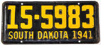 An antique 1941 South Dakota passenger car license plate in very good plus condition