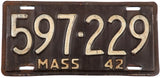 1942 Massachusetts single license plate in very good minus condition
