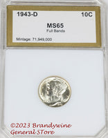 A 1943-D Mercury Dime professionally graded and certified by PCI at Mint State 65 with full bands