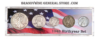 A 1943 Birth Year coin set which includes the Walking Liberty Half Dollar, Washington Quarter, Mercury Dime, silver Jefferson Nickel and Wheat Penny for sale by Brandywine General Store