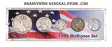 A 1943 Birth Year coin set which includes the Walking Liberty Half Dollar, Washington Quarter, Mercury Dime, silver Jefferson Nickel and Wheat Penny for sale by Brandywine General Store