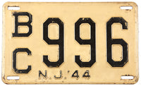 A 1944 World War II New Jersey car license plate in very good condition
