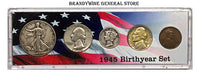 A 1945 Birth Year coin set which includes the silver Walking Liberty Half Dollar, Washington Quarter, Mercury Dime, silver Jefferson Nickel and Wheat Penny for sale by Brandywine General Store