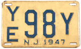 A classic 1947 New Jersey car license plate in very good minus condition