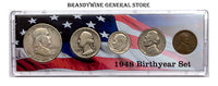 A 1948 Birth Year coin set which includes the silver Franklin Half Dollar, Washington Quarter, Roosevelt Dime, Jefferson Nickel and Lincoln Wheat Penny for sale by Brandywine General Store