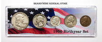 A 1950 Birth Year coin set which includes the silver Franklin Half Dollar, Washington Quarter, Roosevelt Dime, Jefferson Nickel and Lincoln Wheat Penny for sale by Brandywine General Store