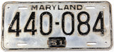 An antique 1951 Maryland passenger car license plate in very good minus condition