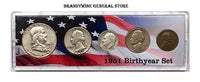 A 1951 Birth Year coin set which includes the silver Franklin Half Dollar, Washington Quarter, Roosevelt Dime, Jefferson Nickel and Lincoln Wheat Penny for sale by Brandywine General Store