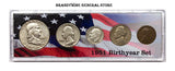 A 1951 Birth Year coin set which includes the silver Franklin Half Dollar, Washington Quarter, Roosevelt Dime, Jefferson Nickel and Lincoln Wheat Penny for sale by Brandywine General Store