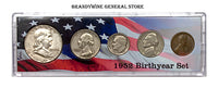 A 1952 Birth Year coin set which includes the silver Franklin Half Dollar, Washington Quarter, Roosevelt Dime, Jefferson Nickel and Lincoln Wheat Penny for sale by Brandywine General Store
