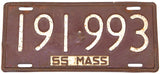 An antique 1955 Massachusetts passenger car license plate in good plus condition