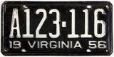 A 1956 Virginia license plate in very good condition