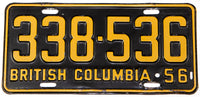 An antique 1956 British Columbia passenger car license plate in very good plus condition