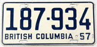 A classic 1957 British Columbia passenger car license plate in very good plus condition