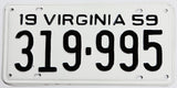 A 1959 Virginia car license plate in excellent minus condition
