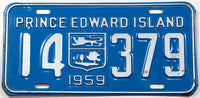 A classic 1959 passenger car license plate from the Canadian province of Prince Edward Island in very good plus condition