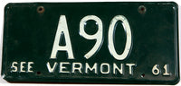 A classic 1961 Vermont car license plate in very good condition wtih great low DMV #A90