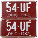 Classic pair of 1962 Ohio car license plates in very good condition