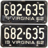 A pair of 1962 Virginia car license plates in very good minus condition