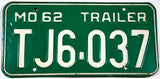 1962 Missouri Trailer license plate in very good plus condition