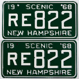 A pair of 1968 New Hampshire car license plates in excellent plus condition with original wrapper