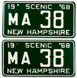 A pair of 1968 New Hampshire car license plates in excellent plus condition with original wrapper