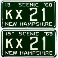 A pair of 1968 New Hampshire car license plates in excellent plus condition with original wrapper