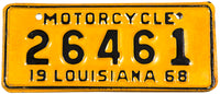 A classic unused 1968 Louisiana motorcycle license plate for sale at Brandywine General Store in excellent plus condition